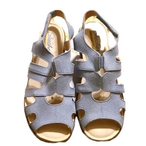 Skechers Stylin' Suede Sandals Peep Toe Slingback Wedge Blue 7.5 New